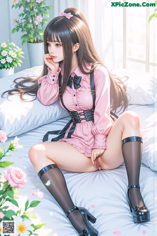 A woman in a pink dress and black stockings sitting on a bed.