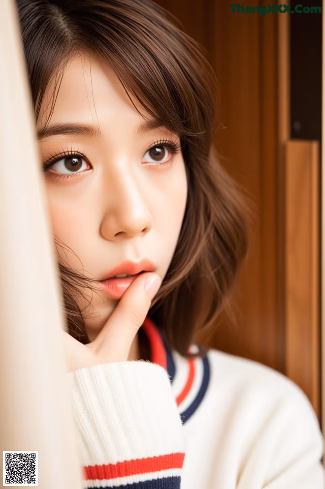 A woman in a white sweater is looking at the camera.