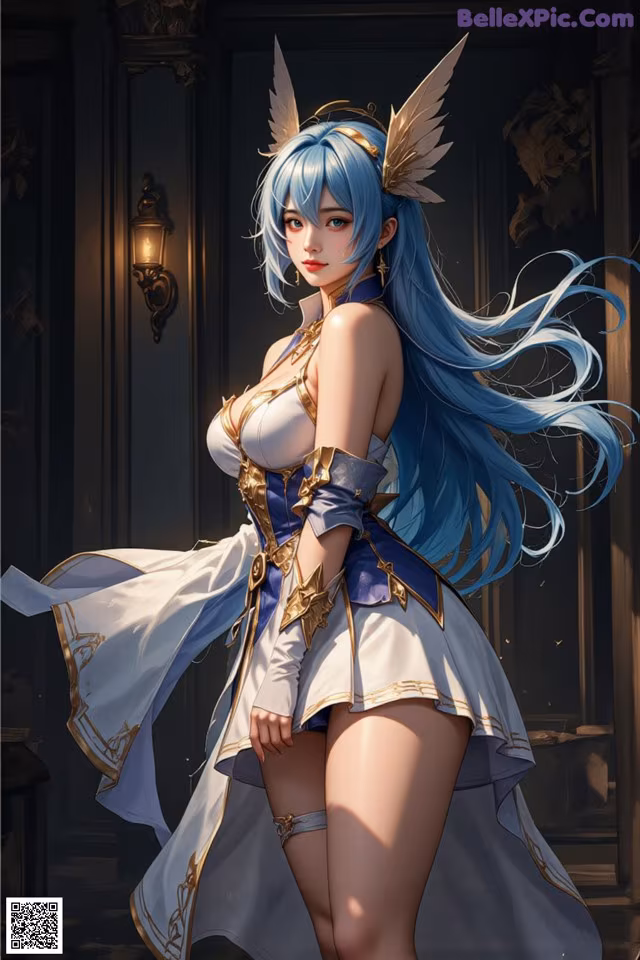 A woman with long blue hair wearing a white dress.