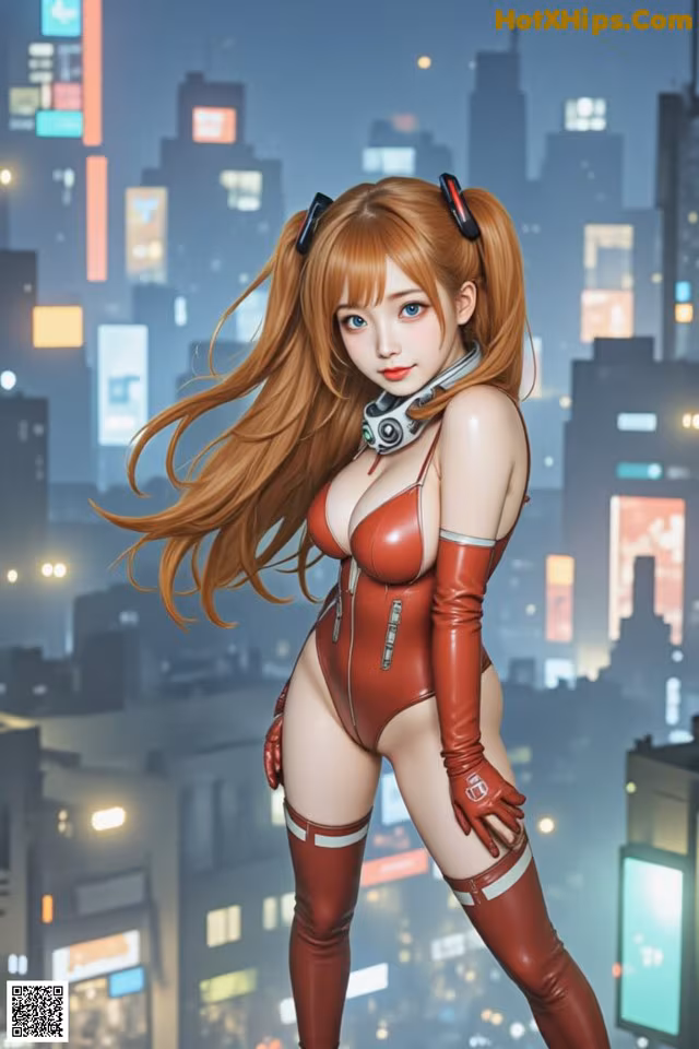 A woman in a red latex outfit standing in front of a city.