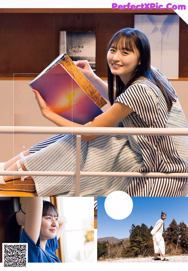 A woman sitting on a balcony holding a book.