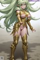 A woman with long green hair wearing a gold outfit.