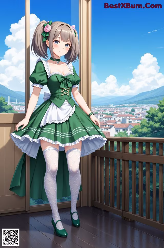 A woman in a green dress standing on a balcony.