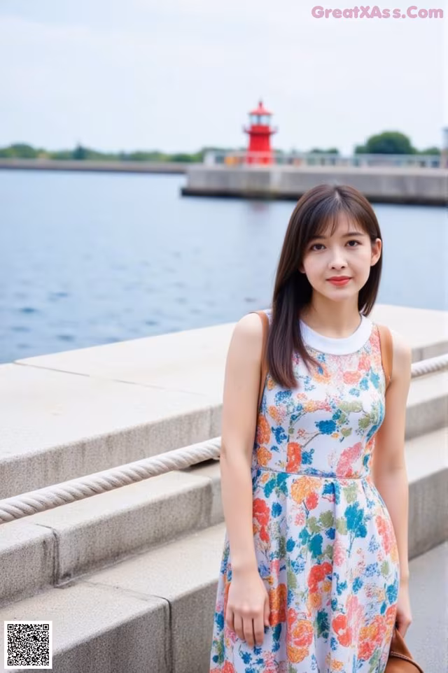 A woman in a floral dress standing by the water.