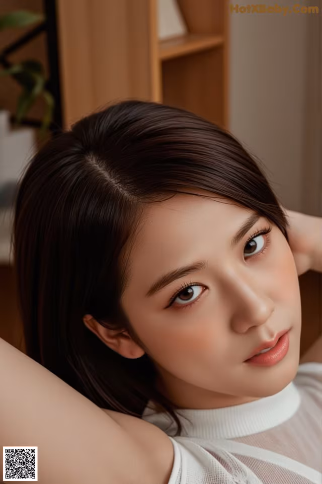 a woman with long brown hair and a white top