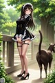 A woman in a maid outfit standing next to a cat.