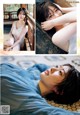 A collage of photos of a woman laying on a bed.