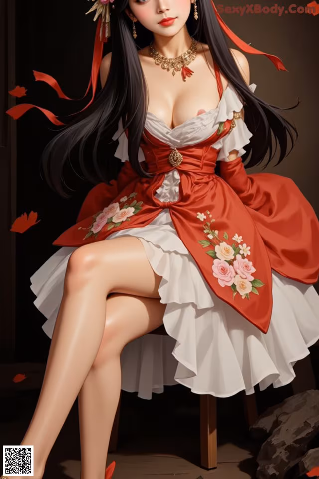 A woman in a red and white dress sitting on a chair.