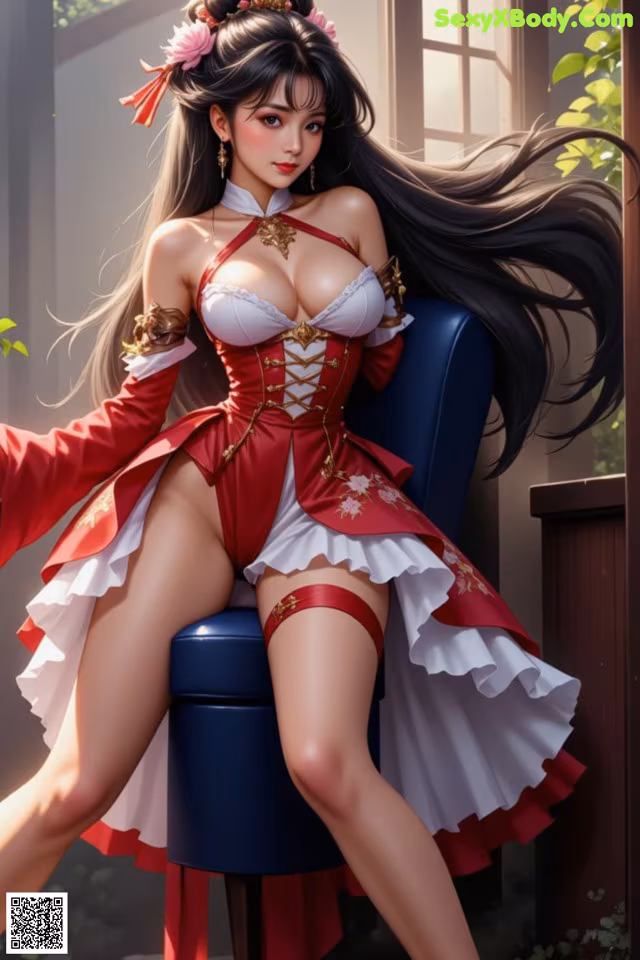 A woman in a red and white dress sitting on a blue chair.