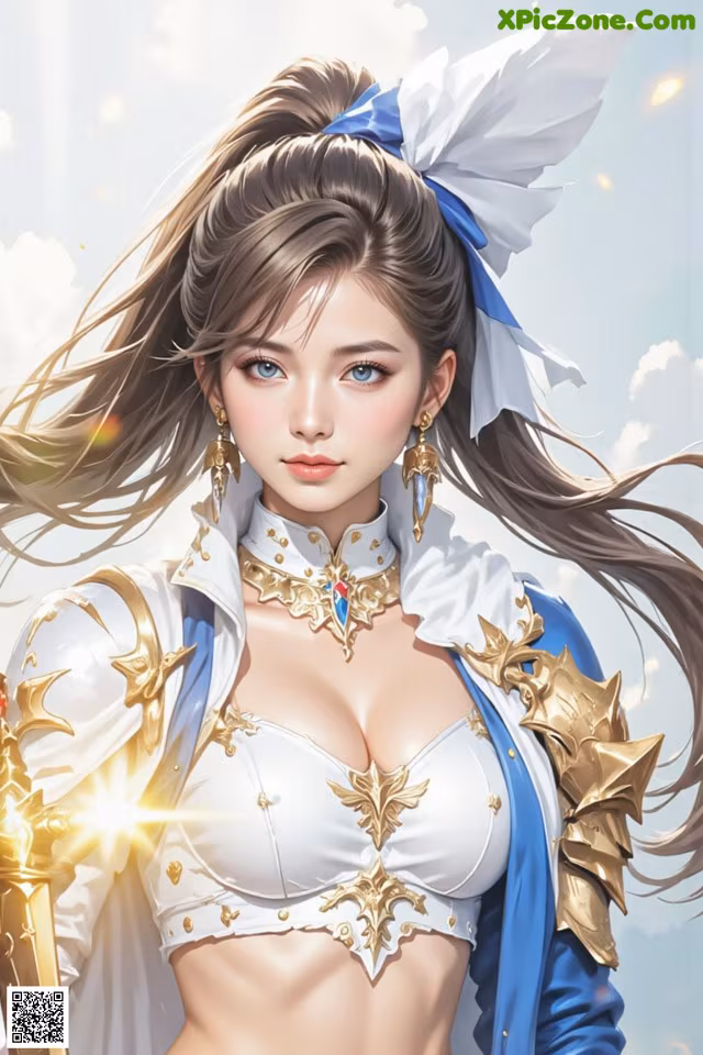 A woman in a white and blue outfit holding a sword.