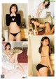 A collage of photos of a woman in a black bikini.