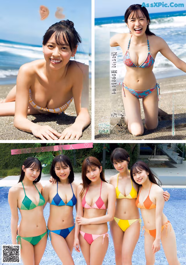 A group of women in bikinis posing next to a swimming pool.