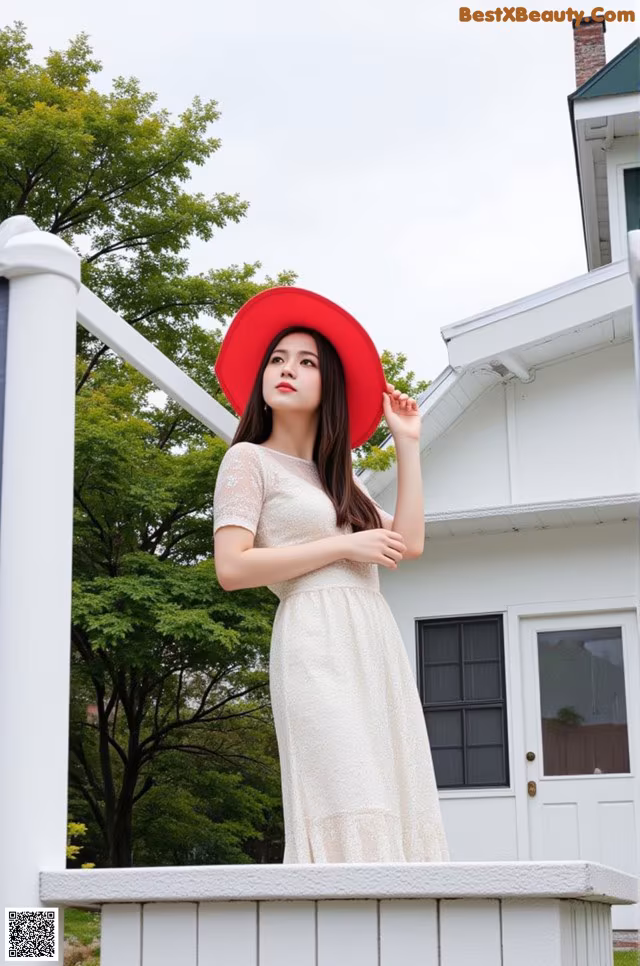 A woman in a white dress and red hat standing on a porch.