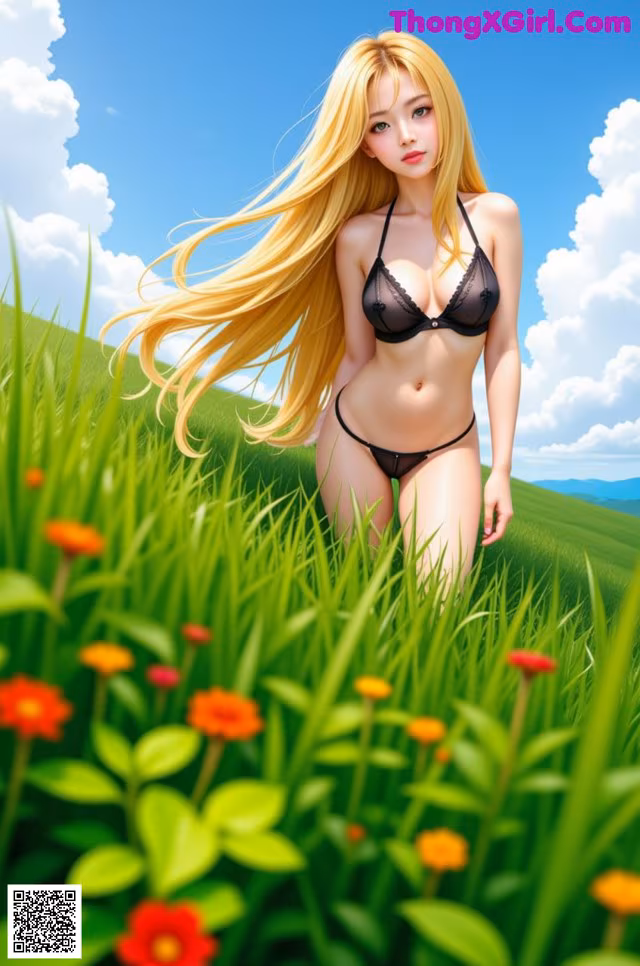 A woman in a black bikini standing in a field of flowers.