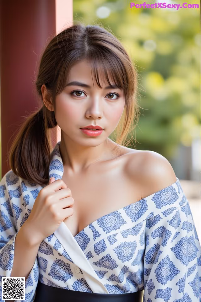 A woman in a blue and white kimono posing for a picture.
