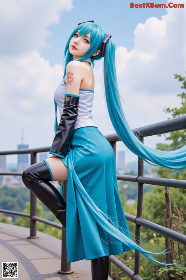 A woman with long blue hair sitting on a railing.