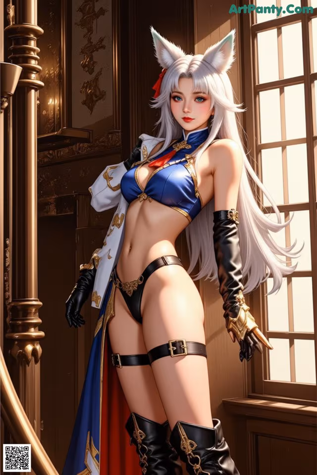 A woman in a blue and white outfit with a cat ears.
